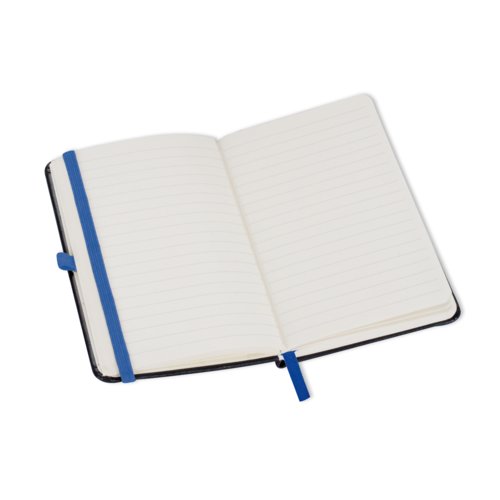 Bl notesbog med elastikbnd og linjerede sider.