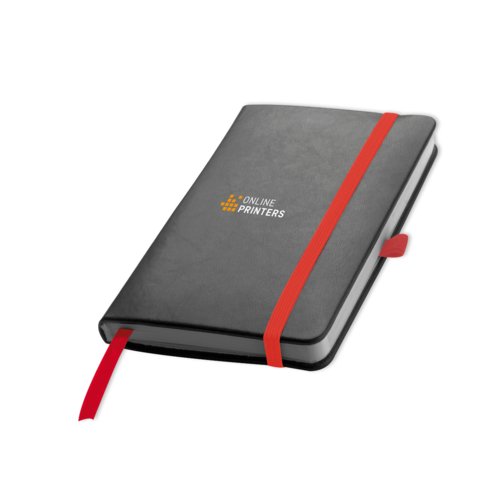 R�d notesbog med elastikb�nd og bogm�rke.