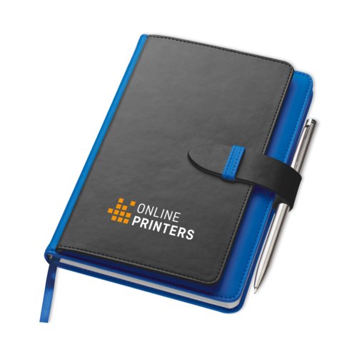 Bl� notesbog med lukke-strop og penholder.