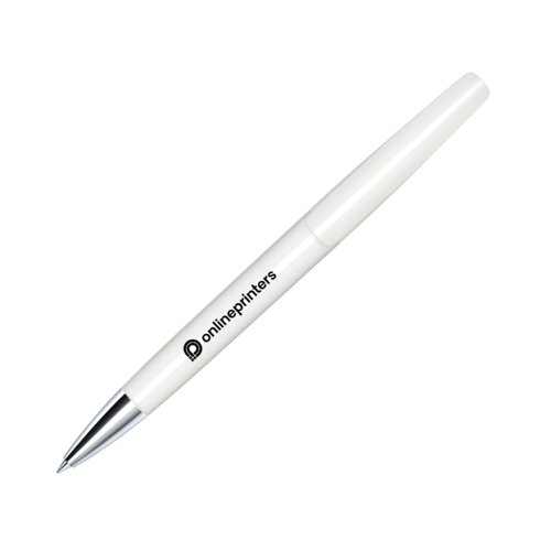 Hvid plastikkuglepen med metalelementer og drejemekanisme.