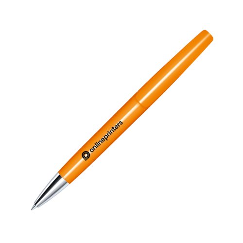 Orange drejekuglepen med metaldetaljer.