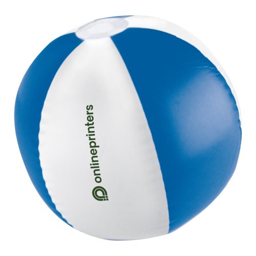 Bl plastik strandbold med mangefarvet design.