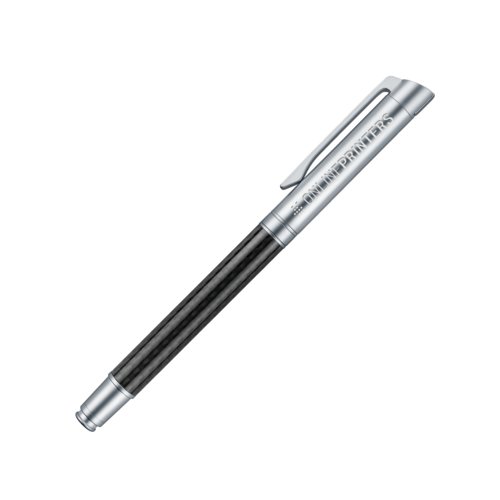 Slvfarvet metal-rollerballpen med carbonelementer og clip.