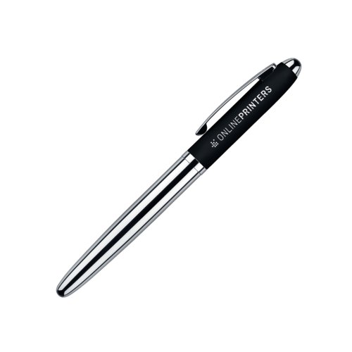 Sort plastik rollerball pen med metalelementer og bld overflade.