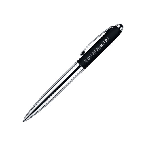 Sort drejbar kuglepen med metalelementer og soft-touch overflade.