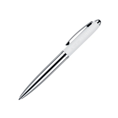 Hvid drejekuglepen med soft-touch overflade og klips.