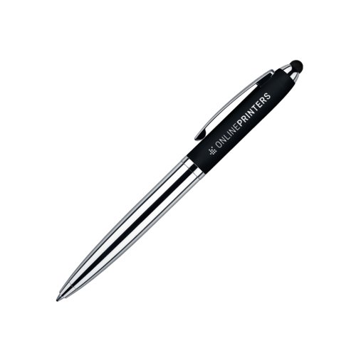 Sort metalkuglepen med touchpad og drejemekanisme.