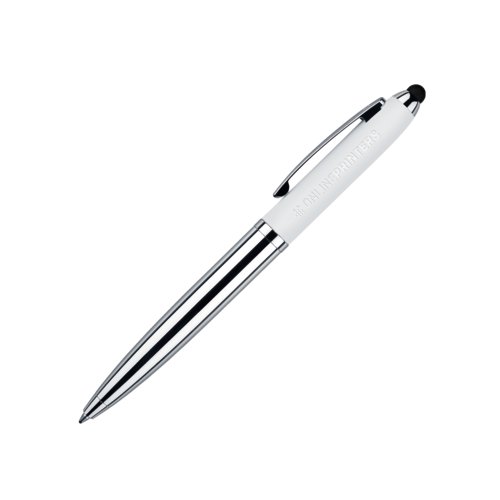 Hvid metalkuglepen med touchpad og drejemekanisme.