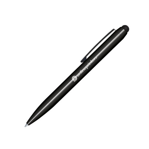 Sort plastikkuglepen med drejefunktion, touchpad og klips.