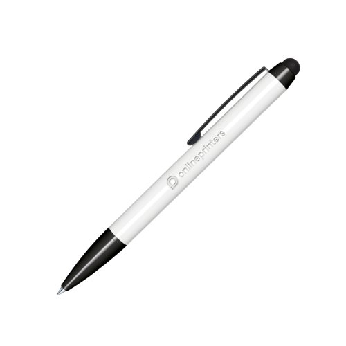 Hvid kuglepen med drejemekanisme, touchpad-stylus og clip.