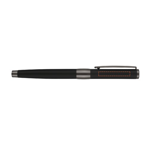 Sort rollerball pen med metaldetaljer og clip.