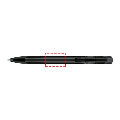 Gennemsigtig kuglepen med bldt greb og trykmekanisme.