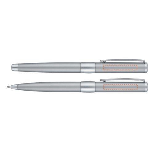 Kromfarvet metal pen st med kuglepen, rollerball pen og lderetui.
