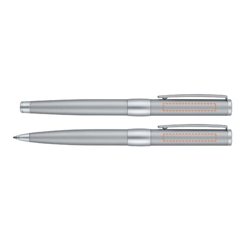 Kromfarvet metal skriveredskabsst bestende af kuglepen og rollerball med etui.