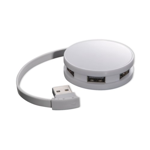 Hvid plastik USB-hub med 4 porte.