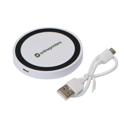Hvid induktionsoplader med USB-kabel.