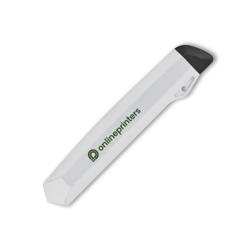 Hvid papkniv med klinge og plasthndtag.