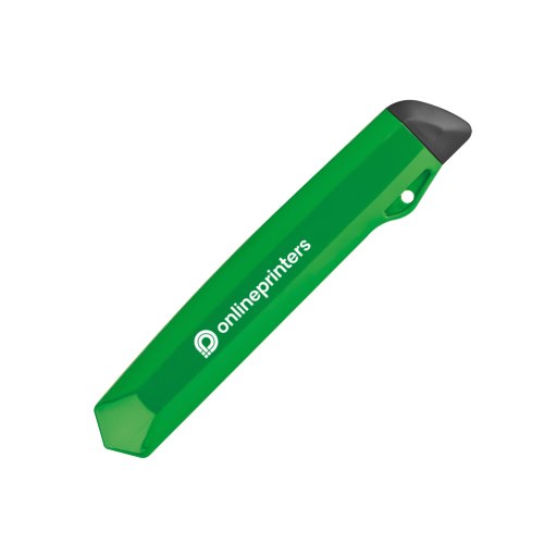 Grn plastikkartonkniv med klingebeskytter.