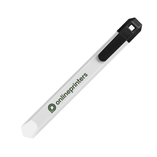 Hvid plastikkartonkniv med klingebeskyttelse og clips.