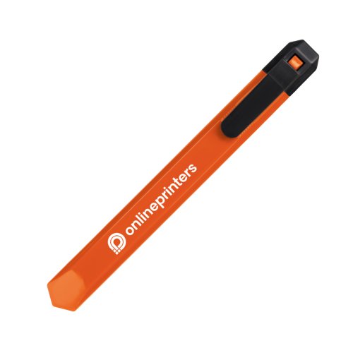 Orange plastik papkniv med klingebeskytter.