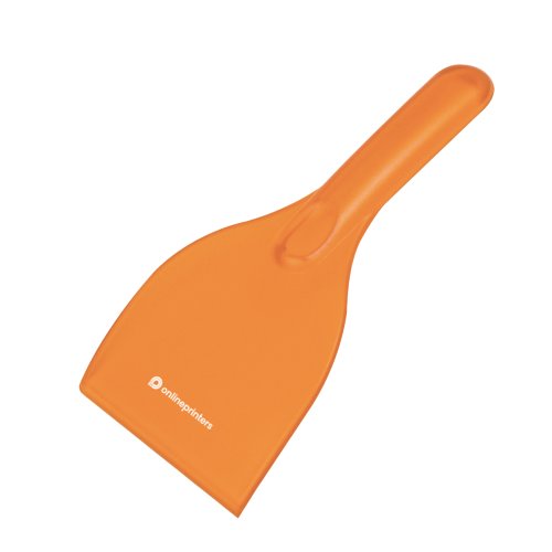 Orange isskraber i plast med hndtag.