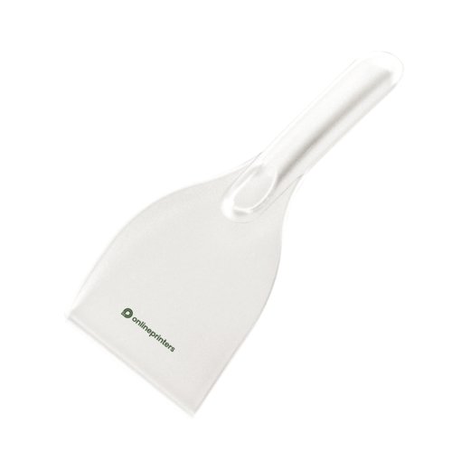 Hvid plastik-isskraber med hndtag.