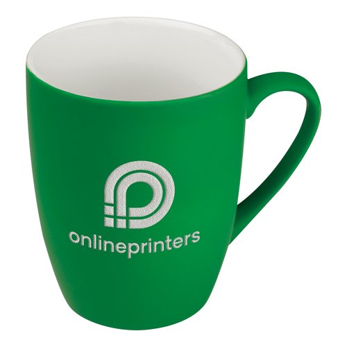 Grn keramisk kop med afrundet design og hank.