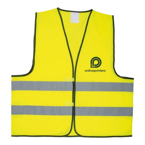 Gul sikkerhedsvest med refleksstriber og velcro-lukning.