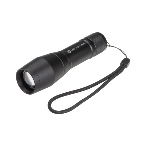 Sort metal lommelygte med LED og hndledsrem.