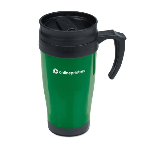 Grn plastikkop med lg og hndtag.