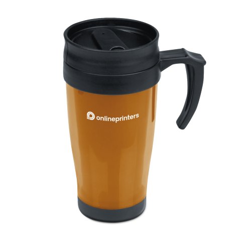 Orange plastik kop med lg og hndtag.