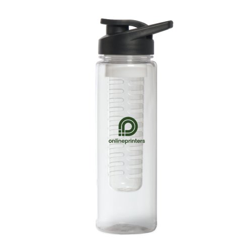 Gennemsigtig drikkeflaske af plastik med sort lg og frugtsi.
