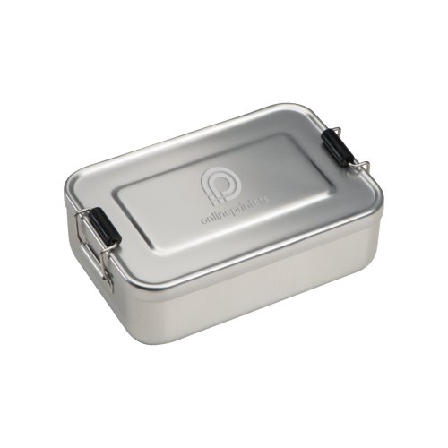 Slvfarvet aluminium madkasse med lg og lukning.