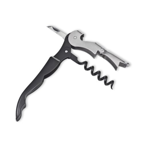 Sort metal tjenervinkniv med proptrkker, oplukker og folieskrer.