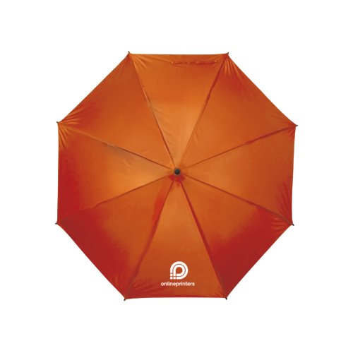 Orange paraply med manuel bningsmekanisme.
