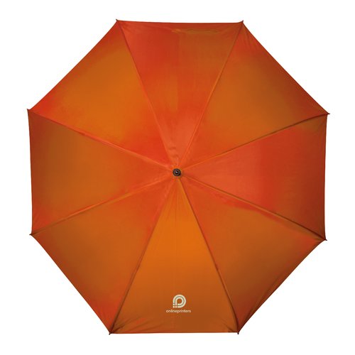 Orange paraply med automatisk bningsmekanisme.