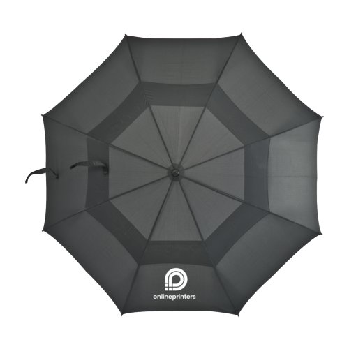 Sort golfparaply med vindfang og automatisk bningsmekanisme.