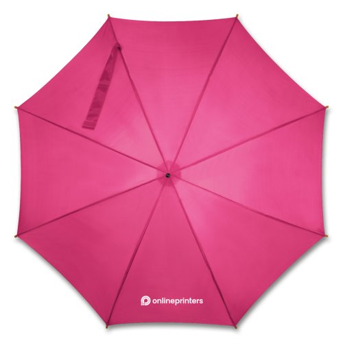 Pink automatisk paraply med træhåndtag og matchende beskyttelsescover.