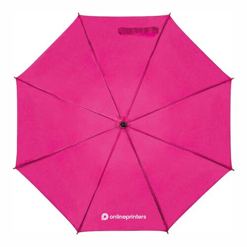 Pink automatisk paraply med tr�h�ndtag og matchende beskyttelsescover.