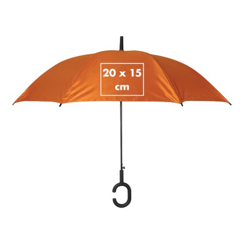 Orange paraply med specielt hndtag.