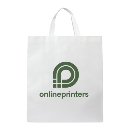 Hvid lamineret non-woven taske med brehndtag.