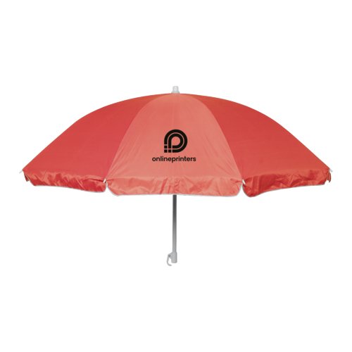 Rd strandparasol med metalstang og stivere.
