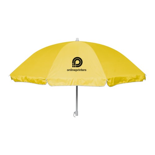 Gul strandparasol med justerbar ramme.