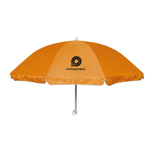Orange parasol med stel og betrk.