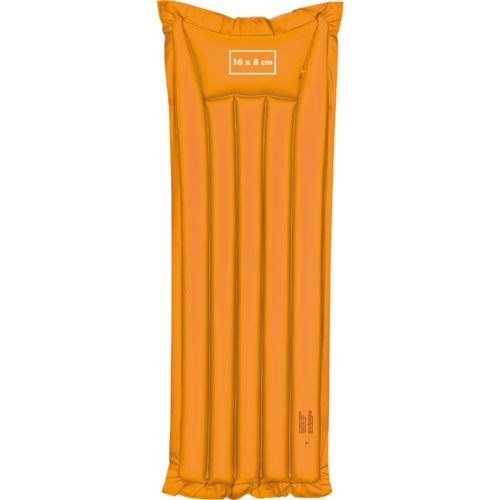Orange oppustelig luftmadras lavet af plastik med en aflang form.