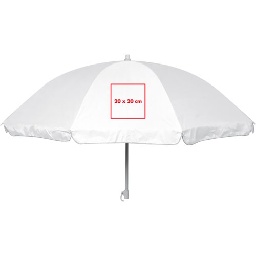 Hvid stof parasol med metalramme og afrundede kanter.