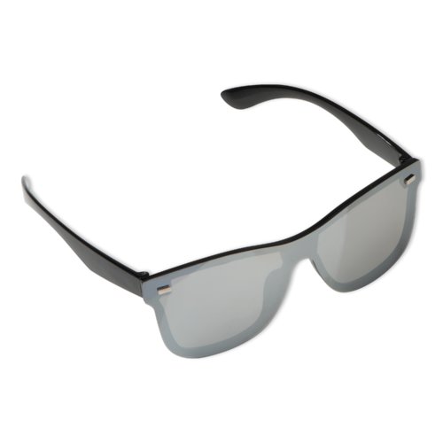 Sort plastiksolbrille med spejlglas.