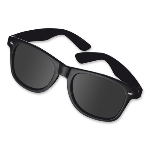 Sort plastiksolbrille med mrke linser.