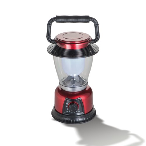 Rd LED-campinglampe med brehndtag og drejekontakt.