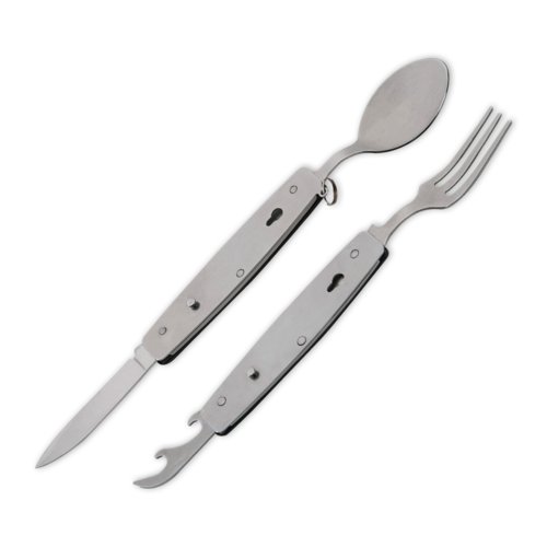 Sort metal campingbestik med kniv, gaffel, ske og oplukker.